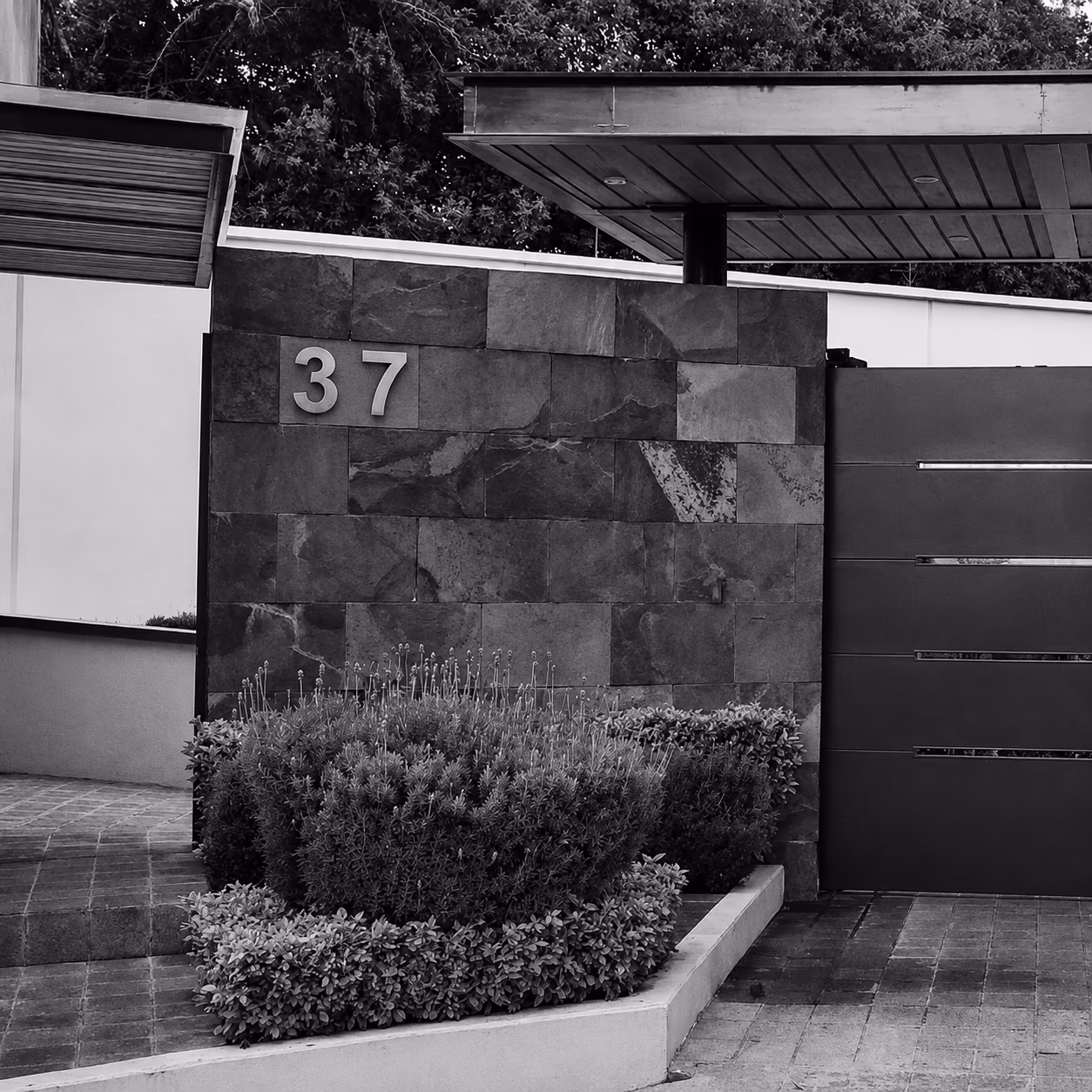 Acceso residencial con muro de piedra y vegetación en blanco y negro